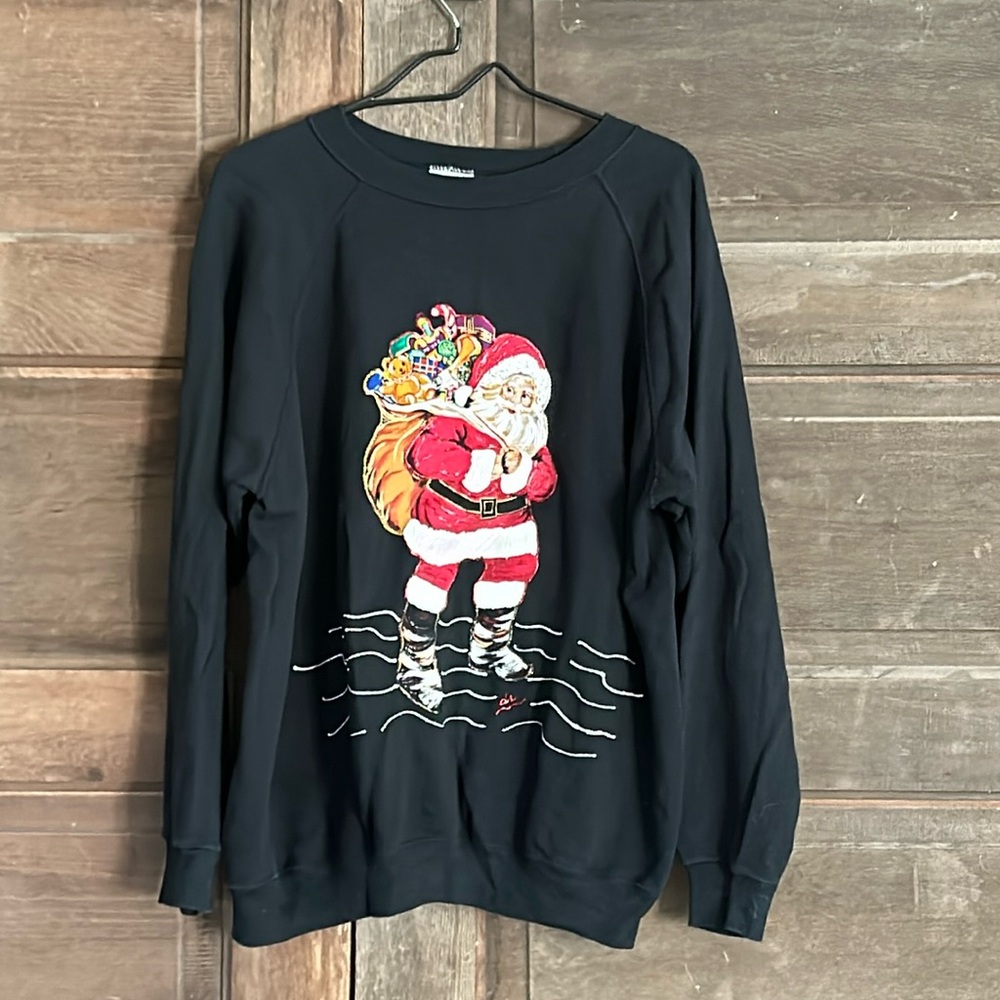 Vintage Santa Claus Christmas Hanes Her Way Womens Sz X Large Black Sweatshirt